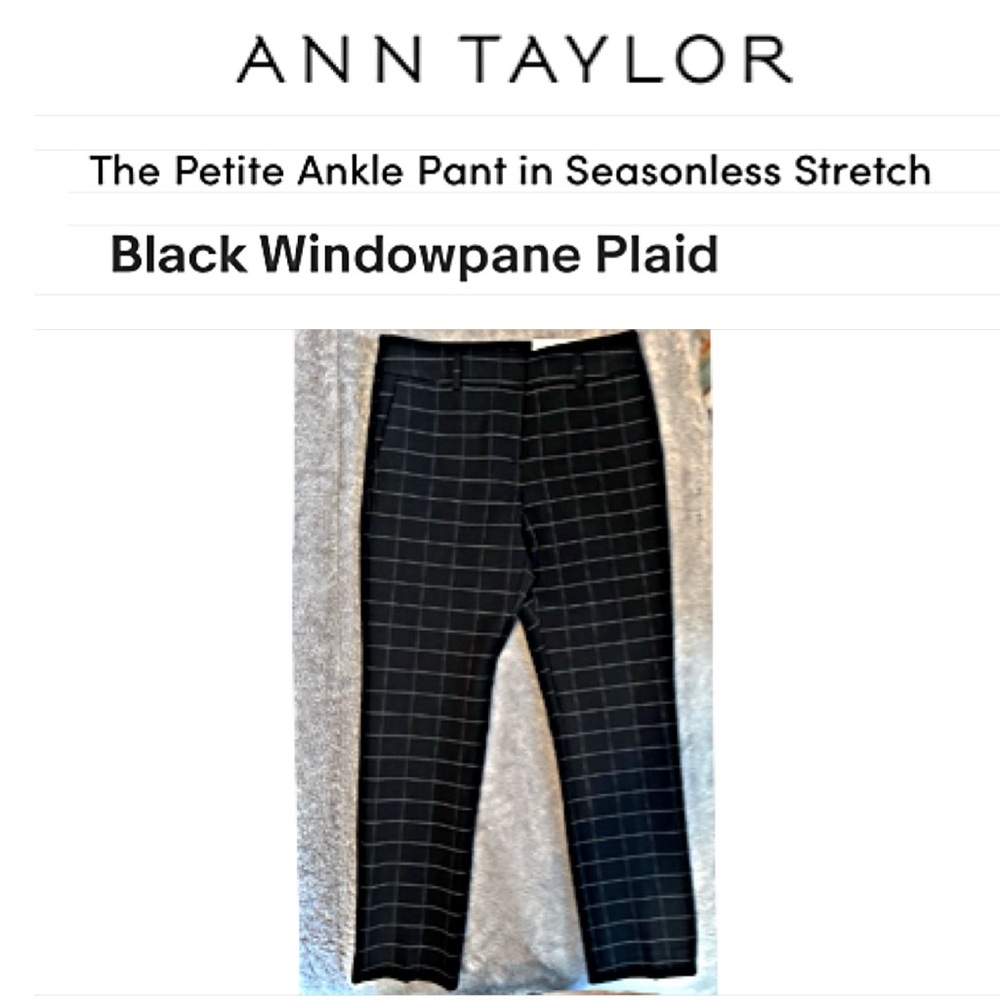 NWT ANN TAYLOR PETITE Seasonless Stretch ANKLE PANTS 0P BLACK WINDOWPANE PLAID - Picture 2 of 11